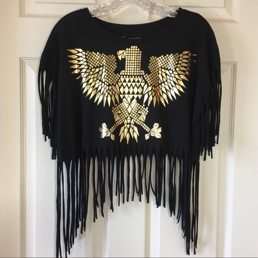 Freeze | Black and Gold Eagle Fringe Cropped Tee